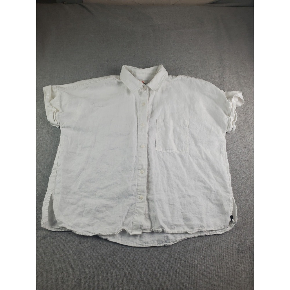 American Giant Womens Top Medium White Linen Button Front Shirt Short Sleeve
